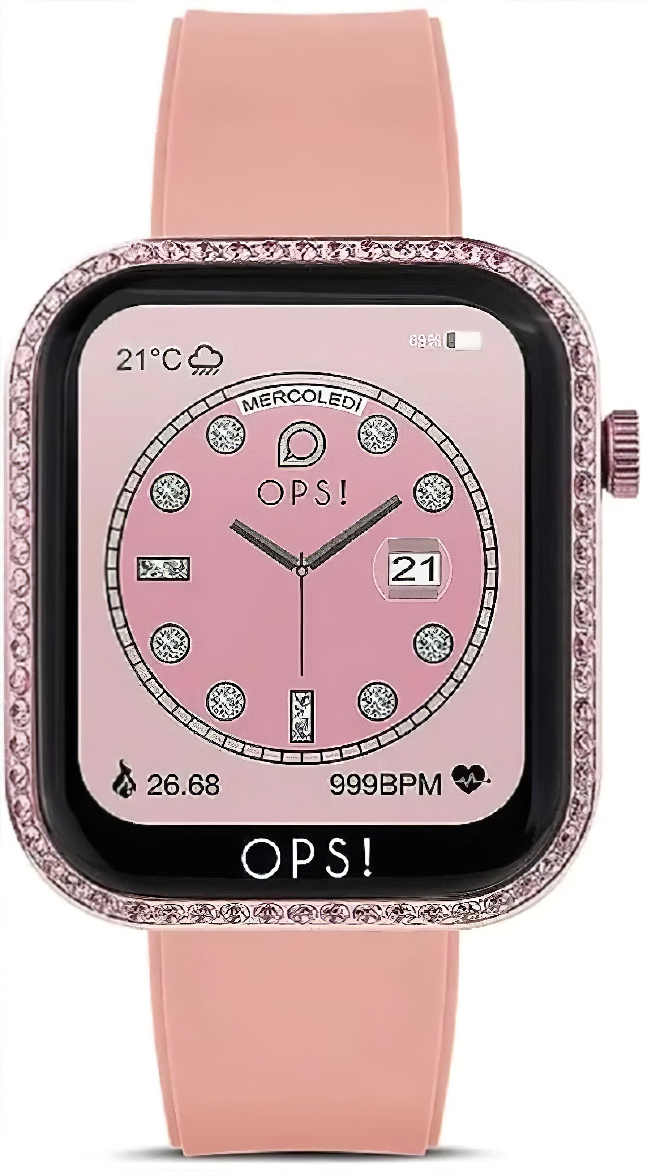 Smartwatch unisex z różowym silikonowym paskiem i błyszczącą ramką z kamieni, wyświetlacz AMOLED