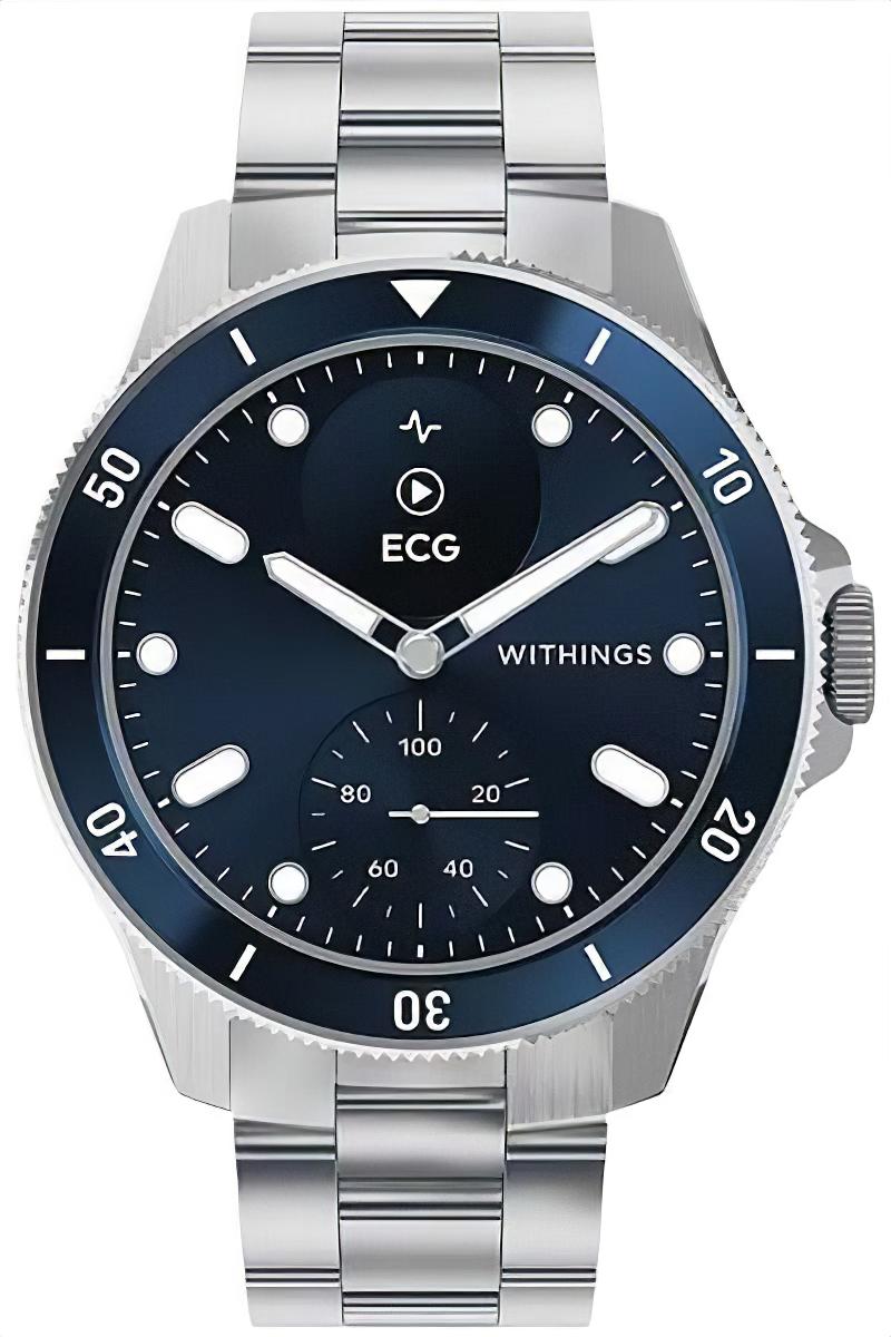 Withings Nova Smartwatch mit dunklem blauem Zifferblatt, Stahlarmband und ECG-Anzeige