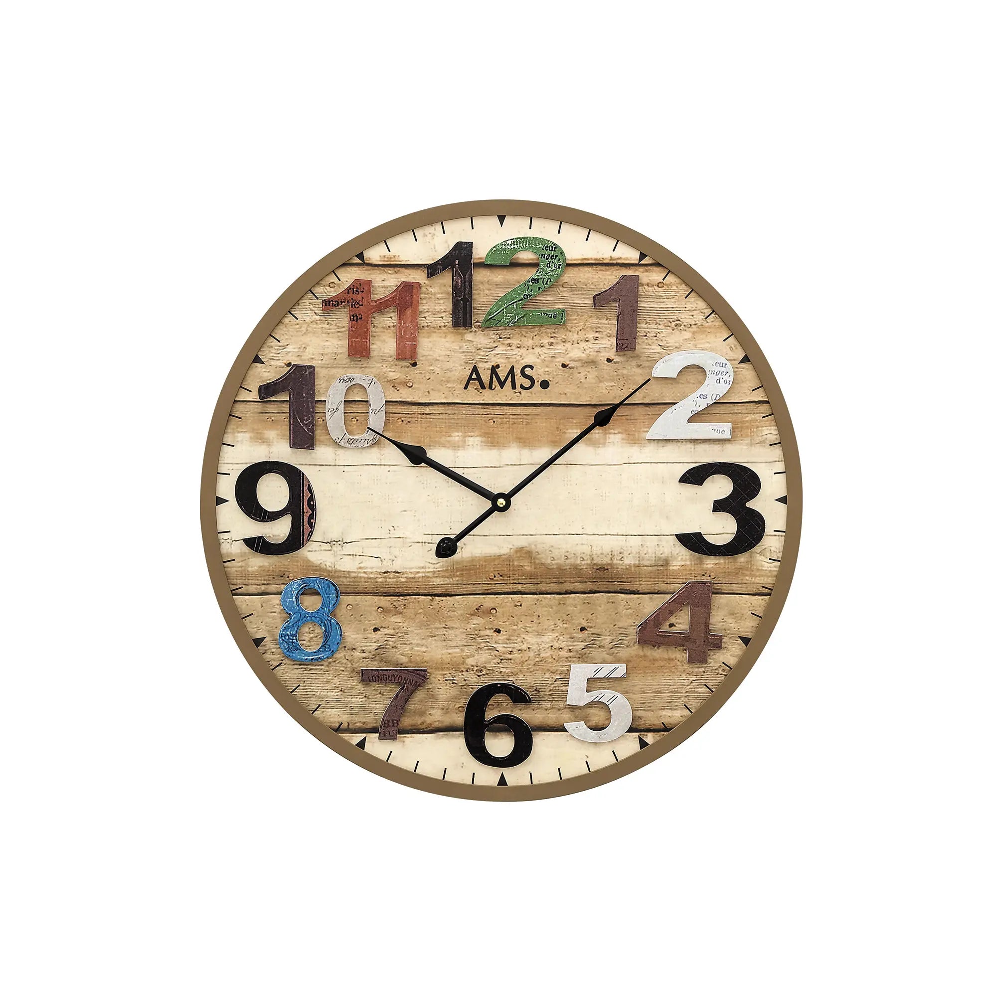 Wanduhr mit großem Holzrahmen, cremefarbenes Zifferblatt und aufliegende Zahlen, AMS