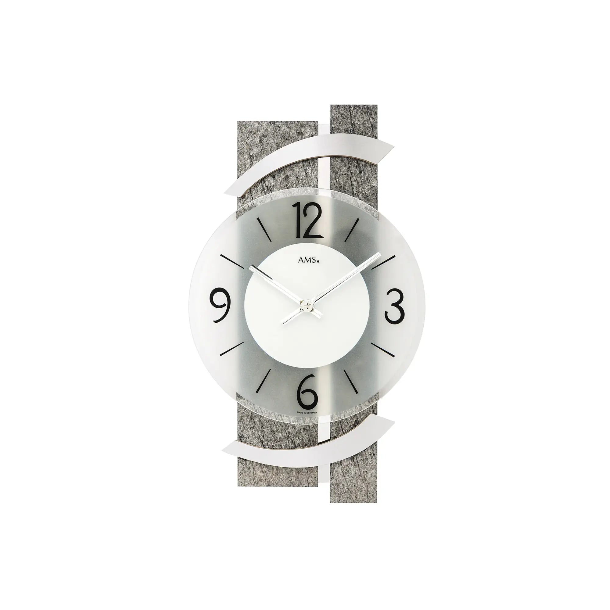Wanduhr mit rundem Ziffernblatt, grauem Steinrahmen und weißen Zeigern