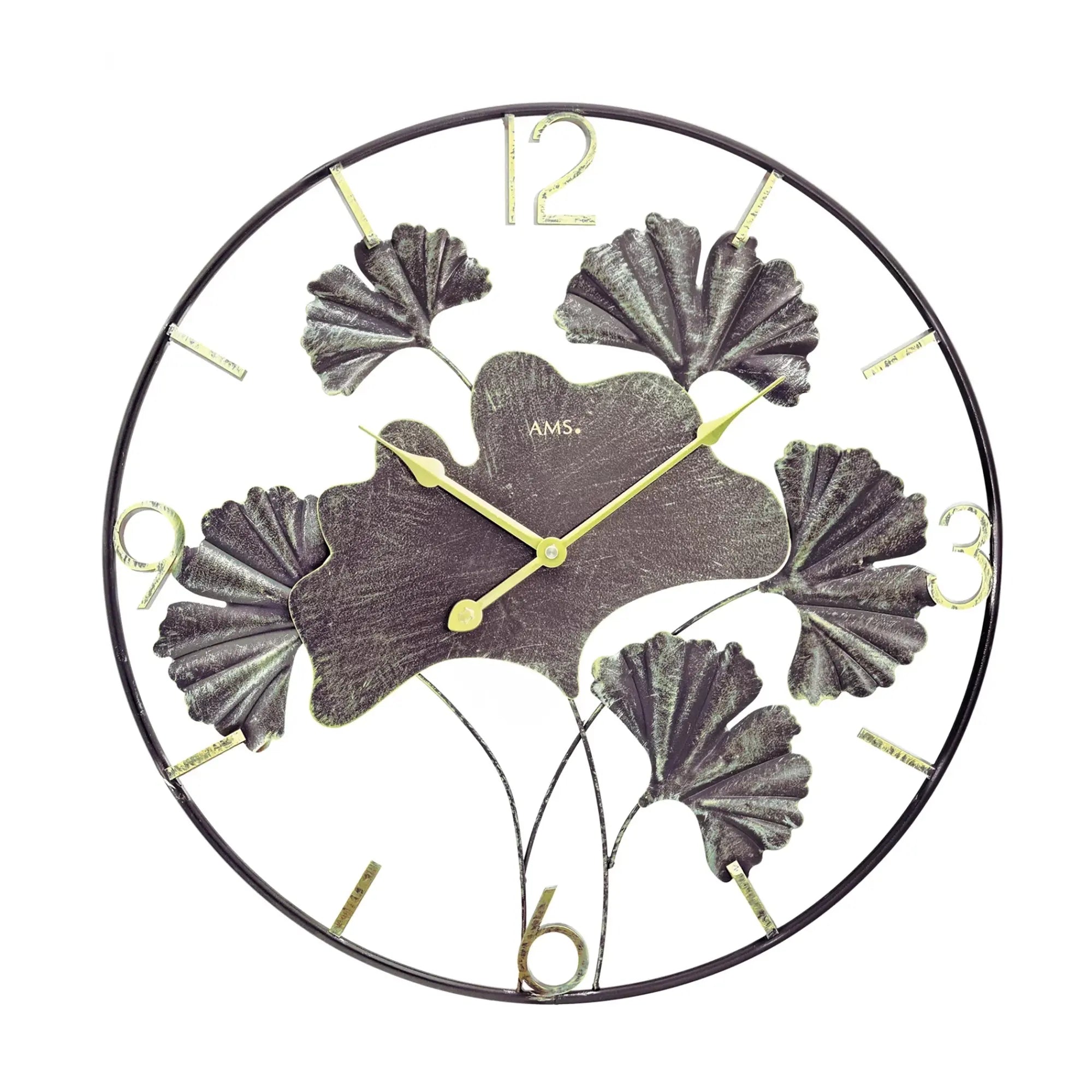AMS Design W9704 Wanduhr • Ginkgo Metall-Design • Quarzwerk