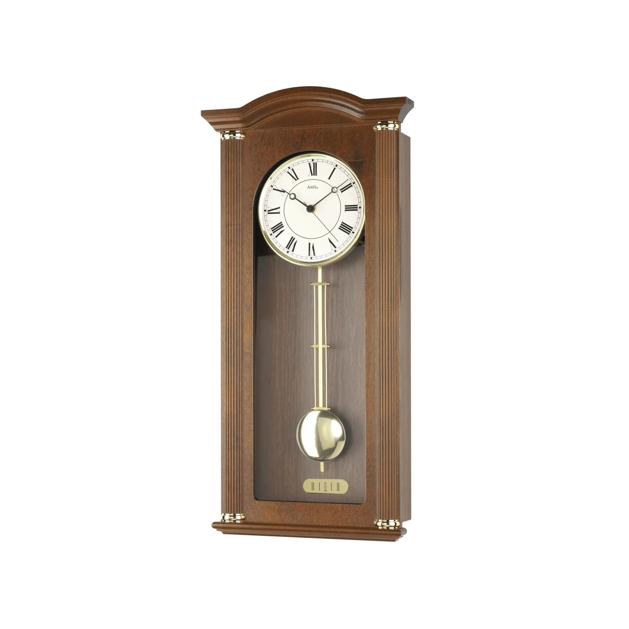 Wanduhr mit Nussbaum-Holzrahmen, rundem Zifferblatt und goldenem Schlagpendel
