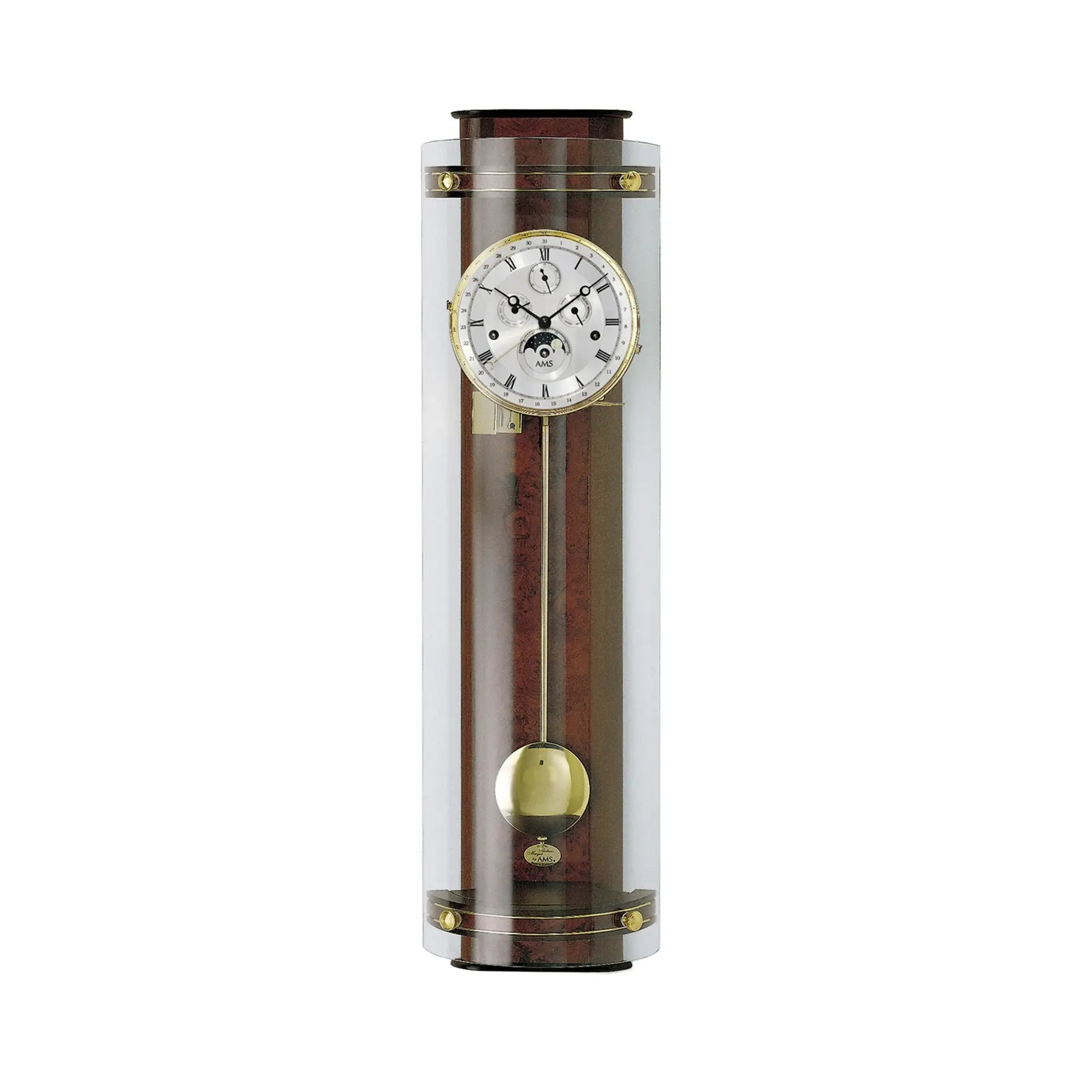 Regulator-Wanduhr im Glaszylinder mit Zifferblatt und goldener Pendelkugel