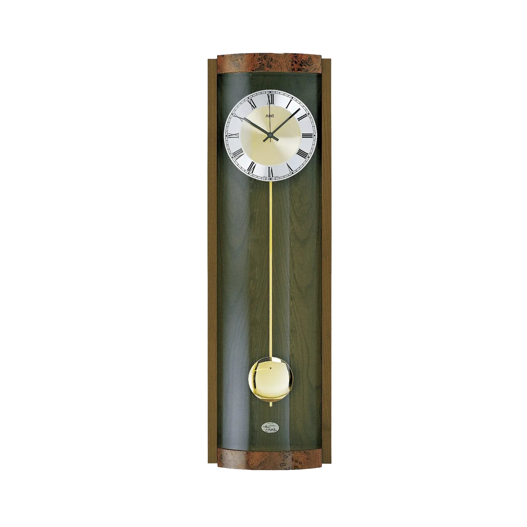 Wanduhr mit Nussbaum-Holzrahmen, rundem Zifferblatt und goldenem Pendel
