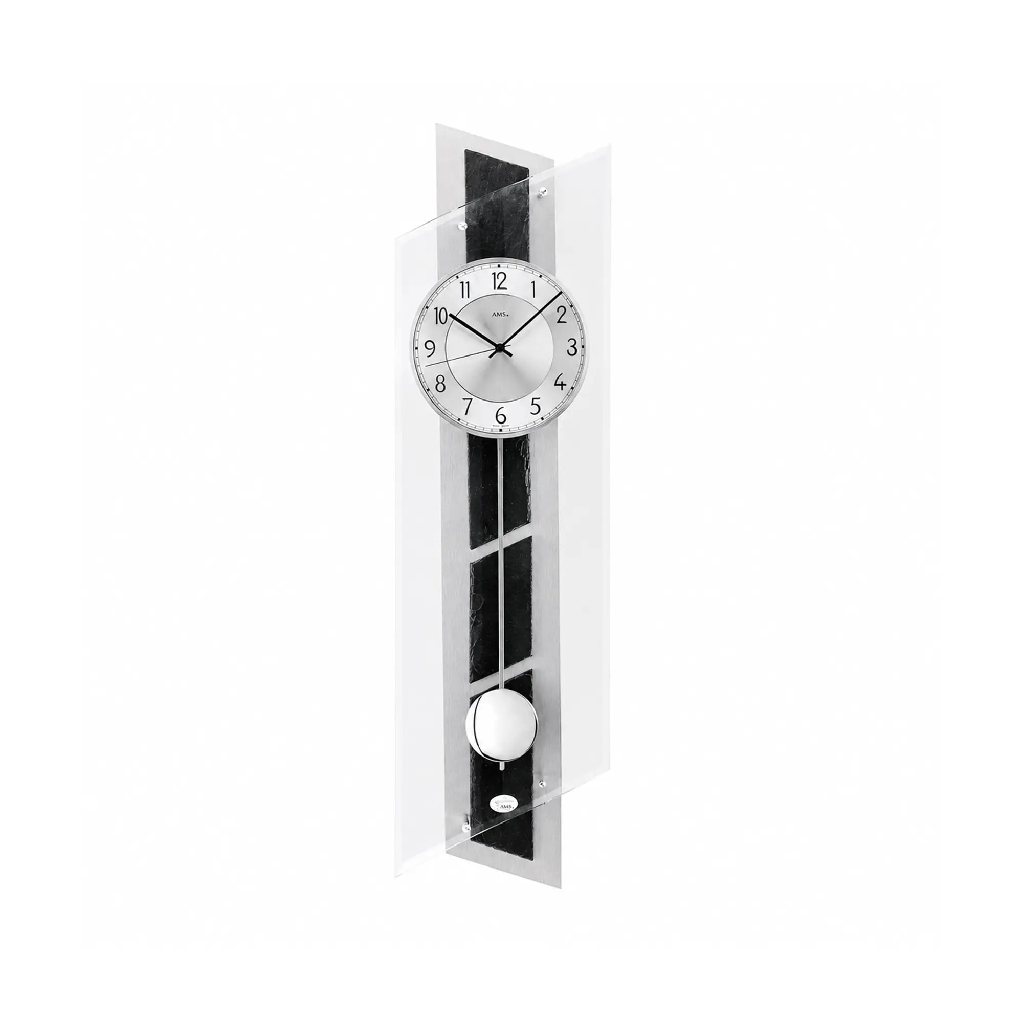 Wanduhr AMS mit Pendel und rundem Sekundenpendel, silberner Rahmen auf Schiefer