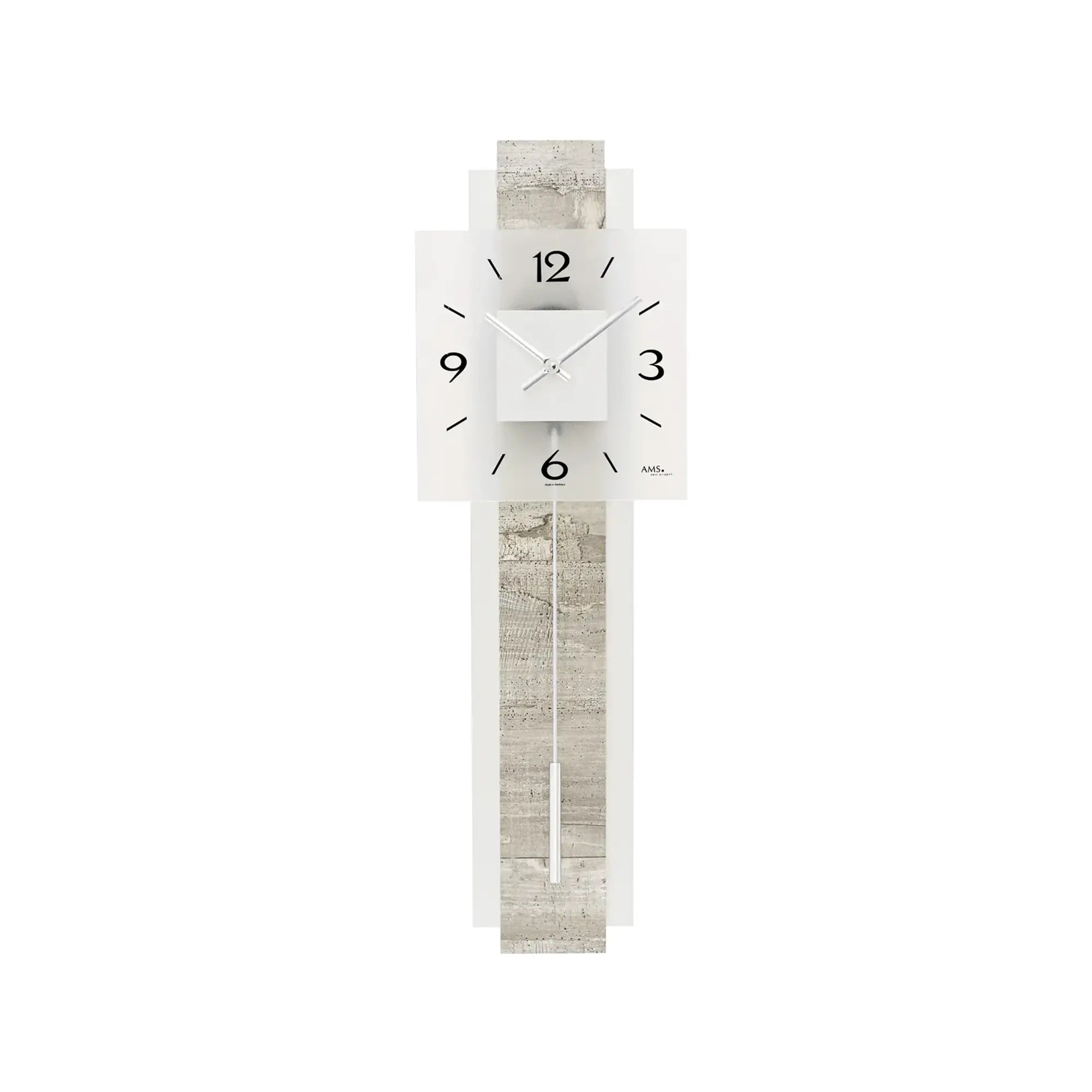 Wanduhr mit weißem Ziffernblatt und Pendelarm, im Rahmen aus Betonstruktur