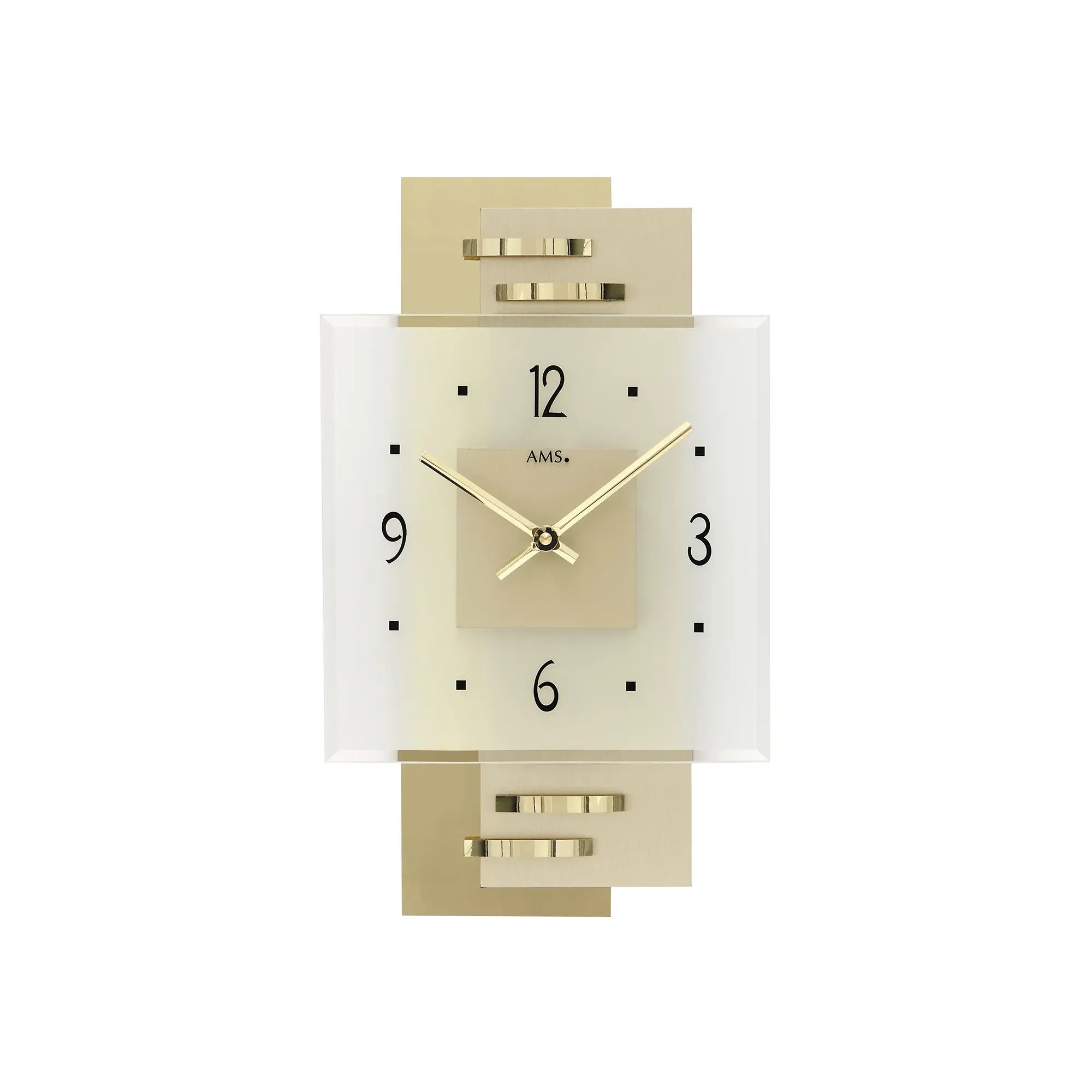 AMS Wanduhr mit weißem Rahmen, goldenen Ziffern und Zeigern, Mineralglas