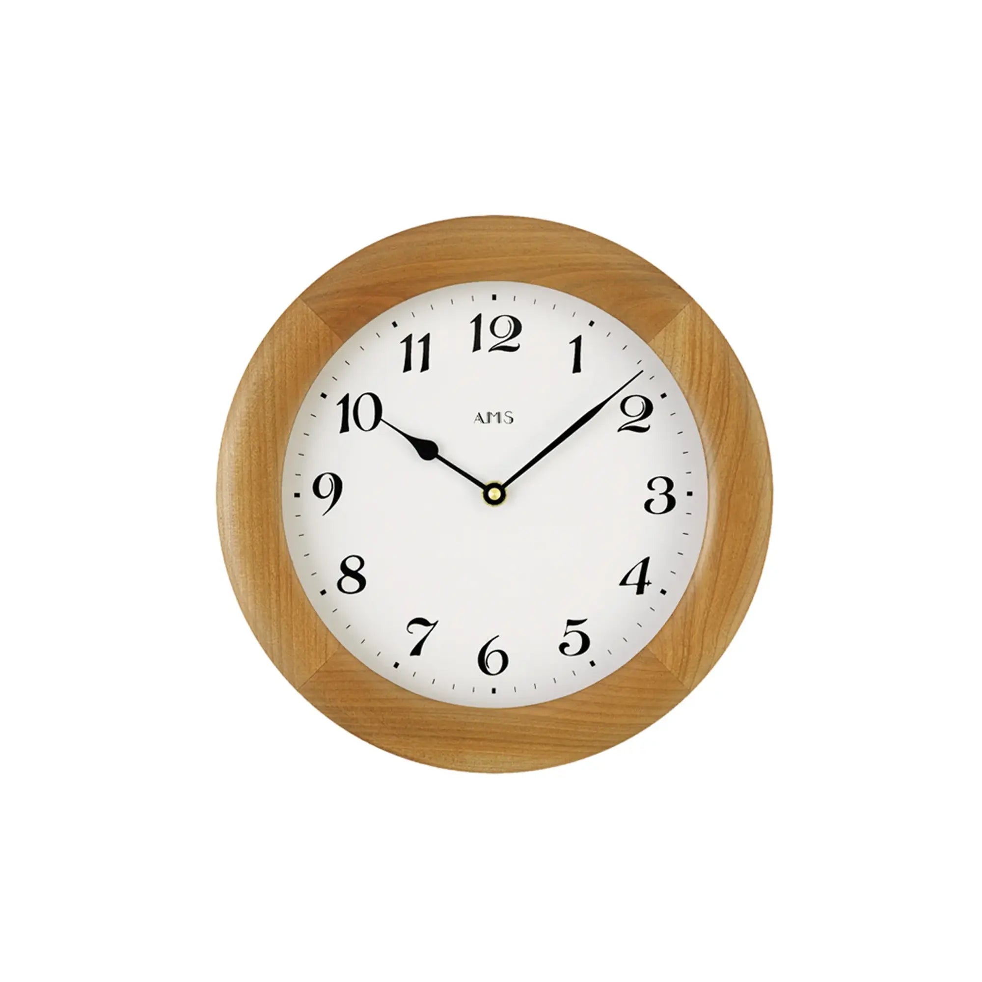 Kirschbaumfarbene Wanduhr mit weißem Zifferblatt, schwarzen Zahlen und Zeigern