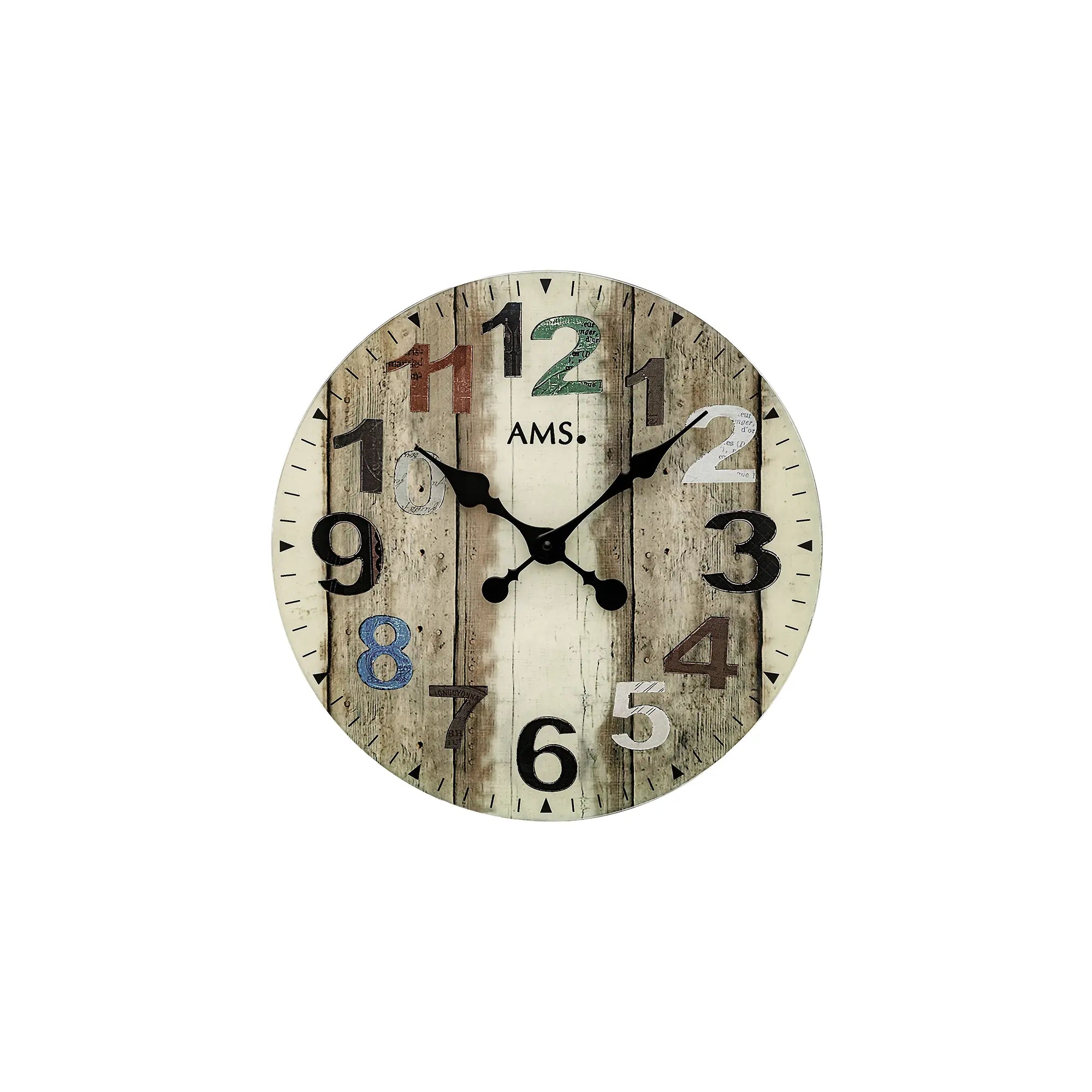 Bedruckte Wanduhr mit bräunlichem Ziffernblatt, schwarzen Zeigern und Mineralglas