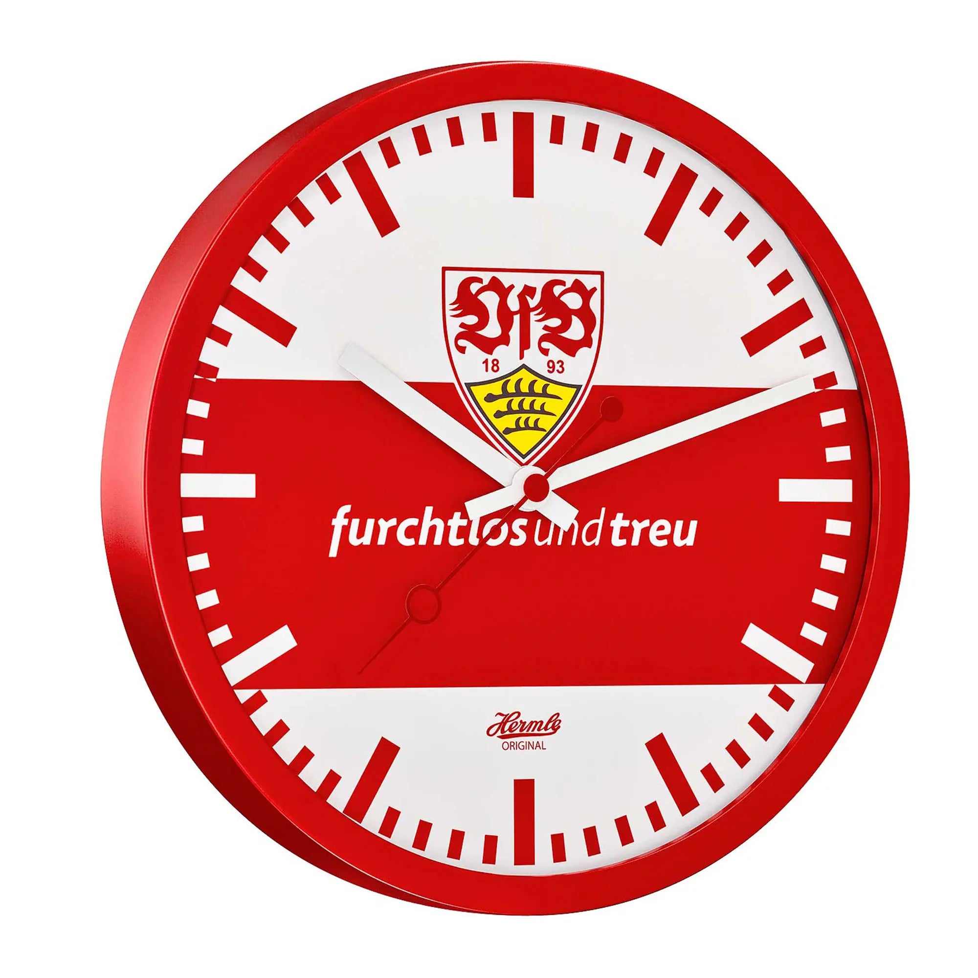 Rund väggklocka med röd ram, vit urtavla, VfB-logotyp och silverfärgade visare