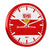 Rund väggklocka med röd ram, vit urtavla, VfB-logotyp och silverfärgade visare