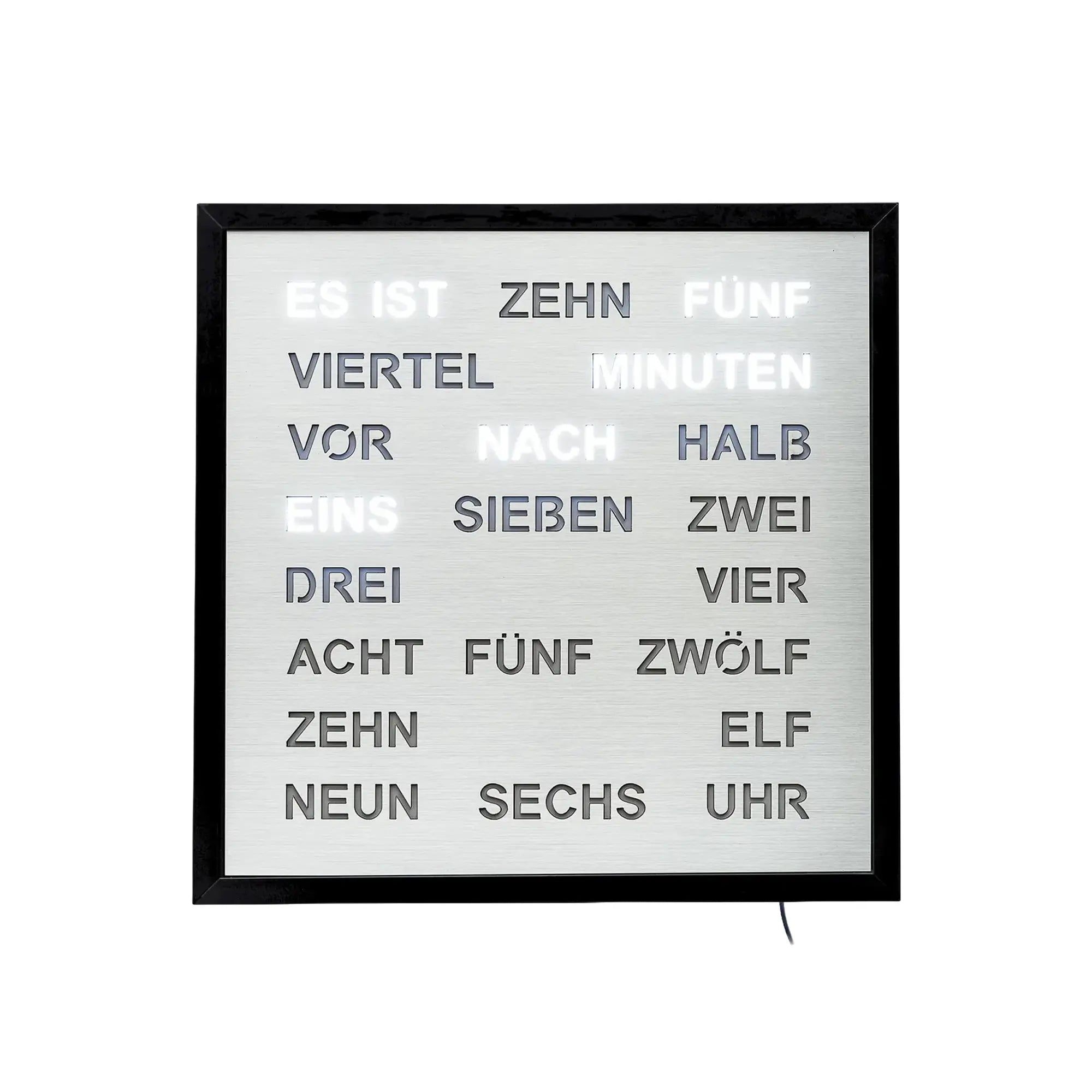 Wanduhr mit schwarzem Rahmen und LED-Zeittext „ES IST ZEHN FÜNF“