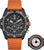 Armbandsur för herrar sedd framifrån med orange armband, boett i svart och detaljerad urtavla