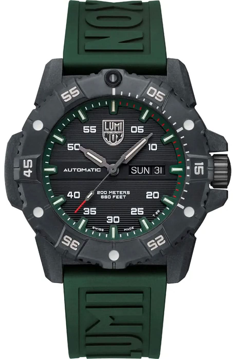 Herrklocka med svart boett, grön urtavla och grönt silikonarmband med datum 31.