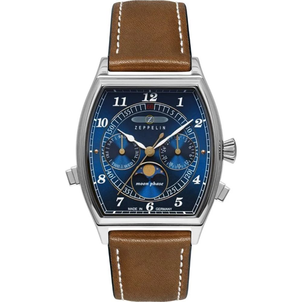 Herrenarmbanduhr Zeppelin Metropolis mit blauem Zifferblatt, Mondphase und Lederarmband