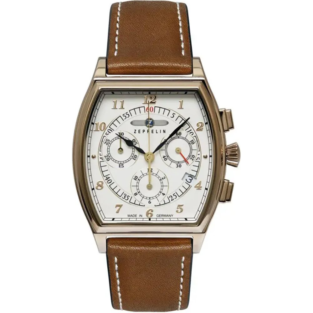 Herren-Tonneau-Chronograph mit braunem Lederarmband, silbernem Zifferblatt und Chrono-Subziffern
