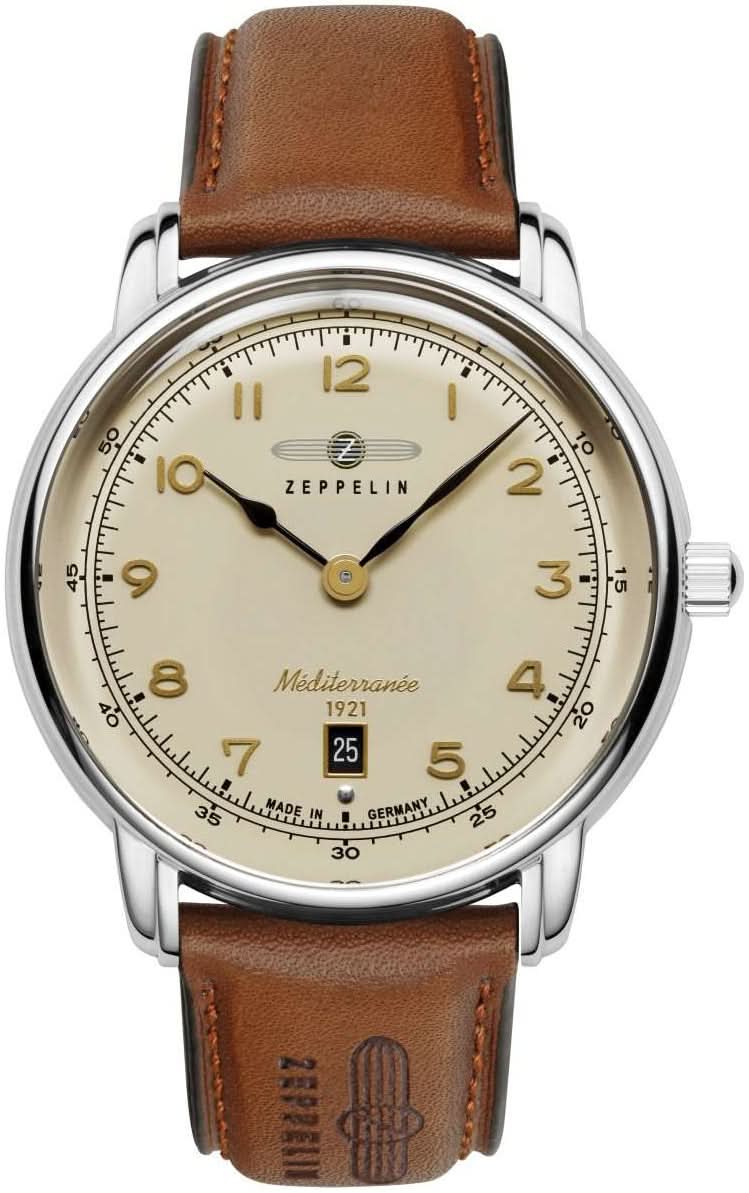 Herrarmbandsur med brunt läderarmband, silverfärgat hölje och beige urtavla, Zeppelin