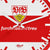 Närbild: rund väggklocka med röd urtavla, vit kant och VfB-emblem