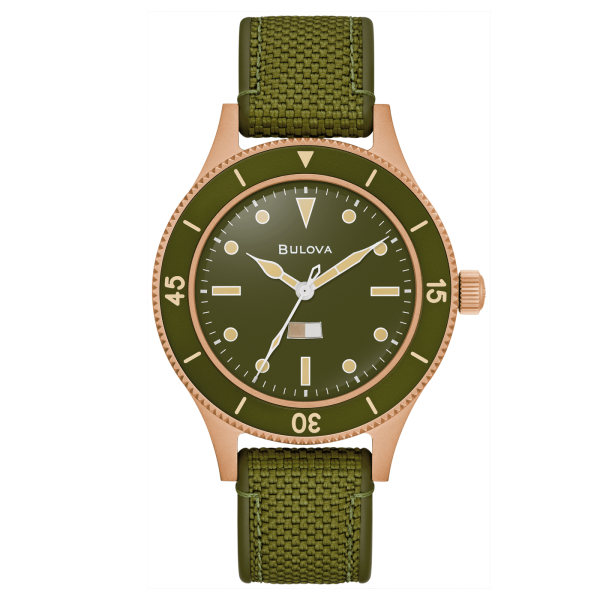 Bulova Herrenuhr Modell 98A324 mit gruenem Armband Zifferblatt Luenet