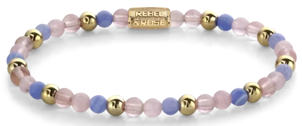 Armband i lila, rosa och guld ädelstenar och rostfritt stål lås - Rebel&Rose Modell: RR-40056-G-S