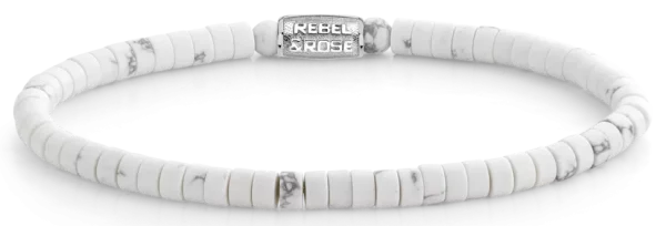 Armband av skivformade ädelstenar i vitt med rostfritt stållås - Rebel&Rose Modell: RR-40081-S-M