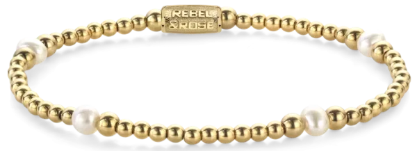 Armband av 4 mm äkta sötvattenpärlor, 3 och 4 mm stora, guldpläterade rostfria stenar och rostfritt stållås - Rebel&Rose Modell: RR-40136-G-M