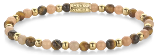 Armband med 4mm stenar (tigeröga, solsten, guldiga stenar) och rostfritt stållås - Rebel&Rose modell: RR-40140-G-S