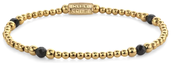 Armband av 4 mm facetterade svarta spinel pärlor, 3 och 4 mm stora, guldpläterade rostfria stenar och rostfritt stål lås - Rebel&Rose Modell: RR-40151-G-S