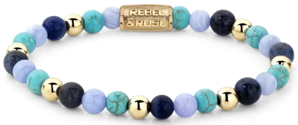 Armband av 6 mm stenar Sodalit, Turqurenit och Blå Chalcedon, guldstenar och rostfritt stållås - Rebel&Rose Modell: RR-60043-G-S