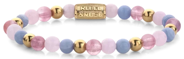 Armband av 6mm ädelstenar Körsbärskvarts, Rosa kvarts och Blå kalcedon, guldfärgade stenar och rostfritt stål lås - Rebel&Rose Modell: RR-60055-G-S