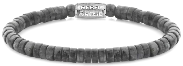 Armband i 6mm grå skivformad natursten med rostfritt stållås - Rebel&Rose Modell: RR-60094-S-M