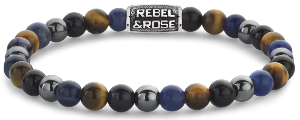 Armband i 6mm Sodalit, gult Tigereye, blå Tigereye och grå Hematit ädelstenar med grå rostfritt stål stängning - Rebel&Rose Modell: RR-60110-V-L