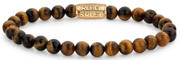 Armband i 6 mm natursten i Tigereye-optik med guldpläterad rostfritt stålspänne - Rebel&Rose modell: RR-60120-G-M