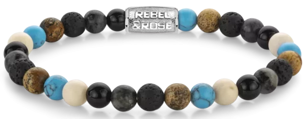 Armband av 6 mm ädelstenar (agat, larvikit, lavasten, bild jaspis, turqurenit). Ädelstenar med grå rostfritt stål lås - Rebel&Rose modell: RR-60131-S-M