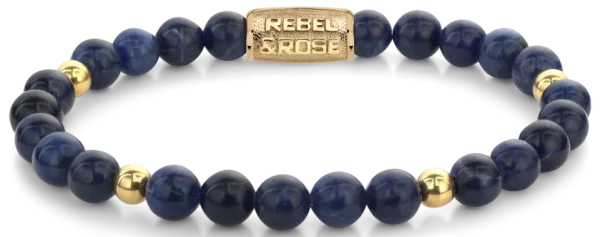 Armband av 6 mm stora blå sodalit ädelstenar med guldpläterad rostfri stålspänne - Rebel & Rose modell: RR-60137-G-S