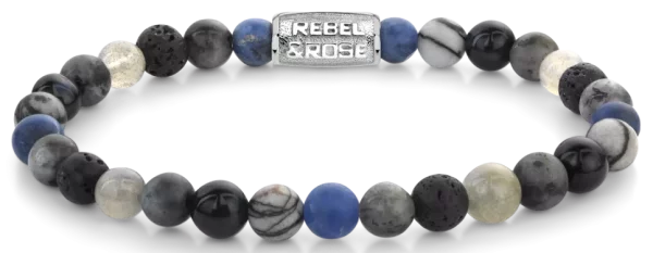 Armband i 6mm stor Sodalitblå, Agat, Blå Tigereye, Larvikitgrå, Labradorit och Lavastenar med rostfritt stålspänne - Rebel&Rose Modell: RR-60142-S-M