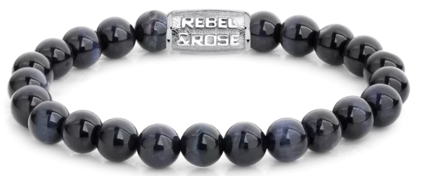 Armband med 8mm stora mörkblå Tigerauge stenar med rostfritt stållås - Rebel&Rose Modell: RR-80039-S-M