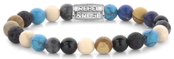 Armband med 8 mm stora ädelstenar av agat, larvikit, lavasten, bild jaspis, turqurenit och fossil med rostfritt stålspärr - Rebel&Rose modell: RR-80064-S-L