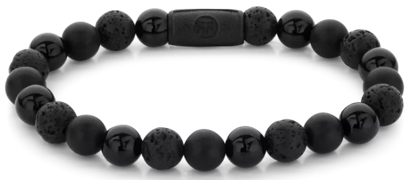 Armband med svarta ädelstenar med en diameter på 8 mm och svart stållås - Rebel&Rose modell: RR-80073-B-M