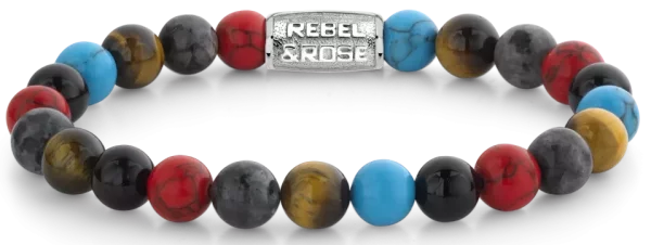 Armband med 8 mm stora färgglada naturstenar med rostfritt stålspänne - Rebel&Rose Modell: RR-80083-S-L
