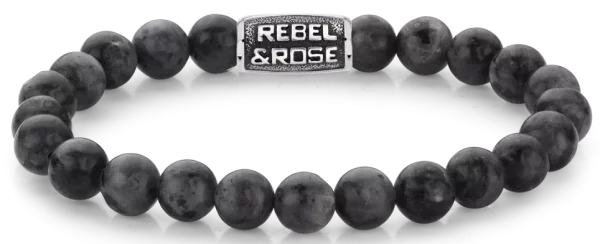 Armband med 8mm stora svarta Larvikit ädelstenar med svart stålspänne - Rebel&Rose Modell: RR-80097-V-L