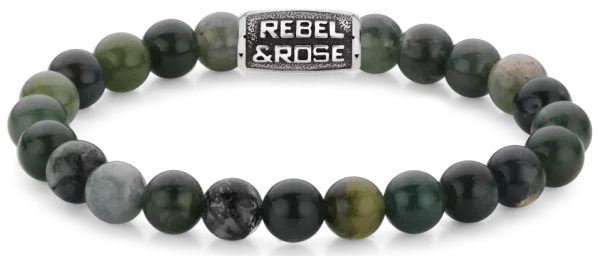 Armband med 8 mm stora mörkgröna mossa-agat ädelstenar med mörkgrön stållås - Rebel&Rose Modell: RR-80098-V-M