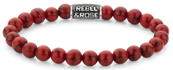 Armband med 8 mm stora röda ädelstenar med grå rostfritt stållås - Rebel&Rose Modell: RR-80099-V-L