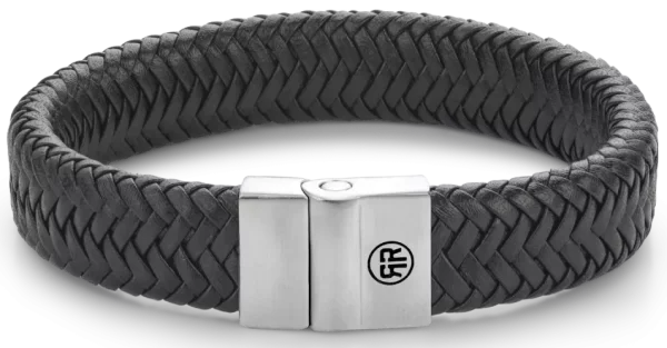 Armband aus 15mm dickem, schwarzem Leder mit Edelstahlverschluss - Rebel&Rose Modell: RR-M0032-S-M