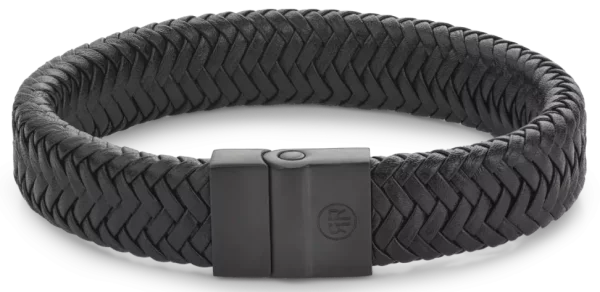 Armband aus 15mm dickem, schwarzem Leder mit schwarzem Edelstahlverschluss - Rebel&Rose Modell: RR-M0033-B-L