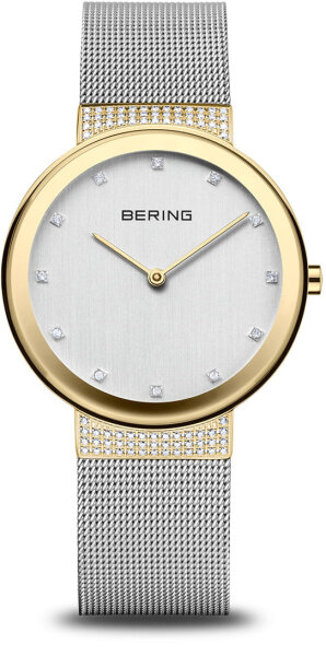 Damenuhr BERING Classic mit goldfarbenem Gehäuse und weißem Zifferblatt, Ultraflach, Milanaise-Armband Bering Modell: 10135-0105