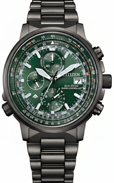Citizen Promaster Sky Eco-Drive Herrenuhr, Funk-Solaruhr aus Edelstahl, grünes Zifferblatt (AT8304-57W)