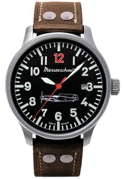 Herrenuhr, Fliegeruhr aus Edelstahl- Schwarzes Zifferblatt - Messerschmitt Modell: 109-42R12L