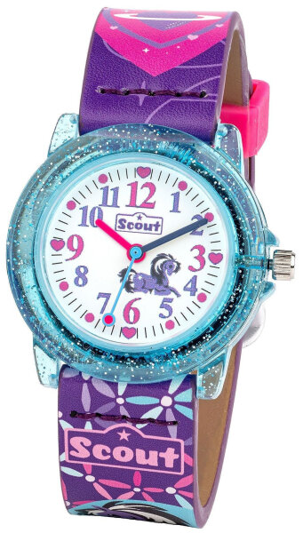 Scout Kinderuhr analog zur Serie Heartbeat und Pony Love lila pinkem Kunstlederband, Pferde-Motiven und Dornschließe