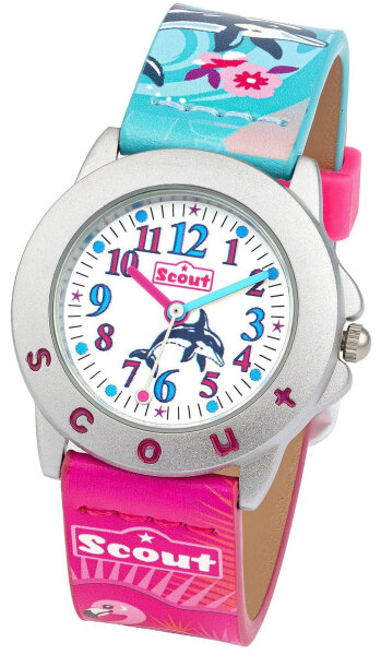 Scout Kinderuhr analog  aus der Serie "Star Kids" mit türkis pinkem Kunstlederband, Wal + Flamingo Motiv und Quarzwerk